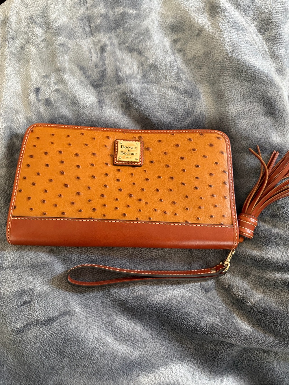 Dooney & Bourke Tan and Amber Ostrich-Embossed Leather Wristlet